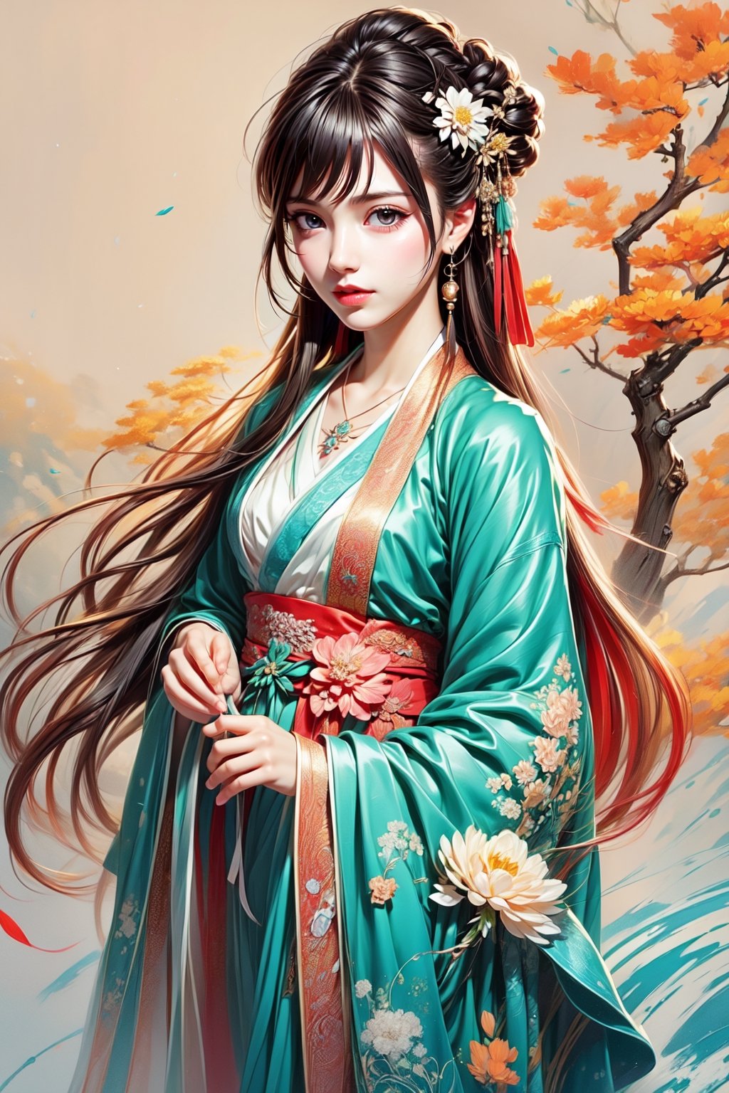 1girl, solo, long hair, looking at viewer, bangs, black hair, hair ornament, long sleeves, dress, holding, jewelry, closed mouth, standing, full body, flower, hair flower, necklace, blue dress, chinese clothes, white flower, realistic, holding flower, hanfu