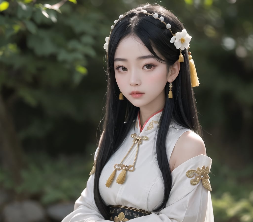Portrait of a young Asian woman with delicate features, long flowing black hair adorned with traditional Chinese hair accessories including a silver hairpin and beaded tassels. She has large, expressive eyes, soft, pale skin, and a serene expression. Her attire includes a hint of traditional Chinese clothing visible around her shoulders. The background is softly blurred with a bokeh effect from lights, suggesting an outdoor, ethereal setting in the late afternoon.