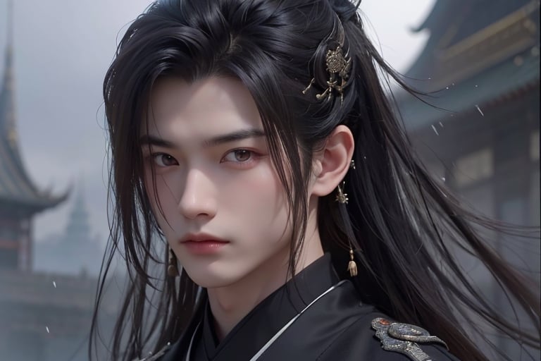 Chinese classical style, Produce a high-quality, high-resolution image of a young Asian man with an enigmatic and stoic expression. He should have long, dark hair that is loosely tied back, with some strands elegantly framing his face, adding to his mysterious demeanor. His eyes are sharp, penetrating, and hold a thoughtful gaze. He wears a traditional dark robe with subtle, intricate embroidery, which hints at his noble status. The setting should be atmospheric and slightly misty, featuring traditional architecture in the blurred background, suggesting a historical and mystical context.,masterpiece,girl,best quality,1guy,Handsome Thai Men,photorealistic