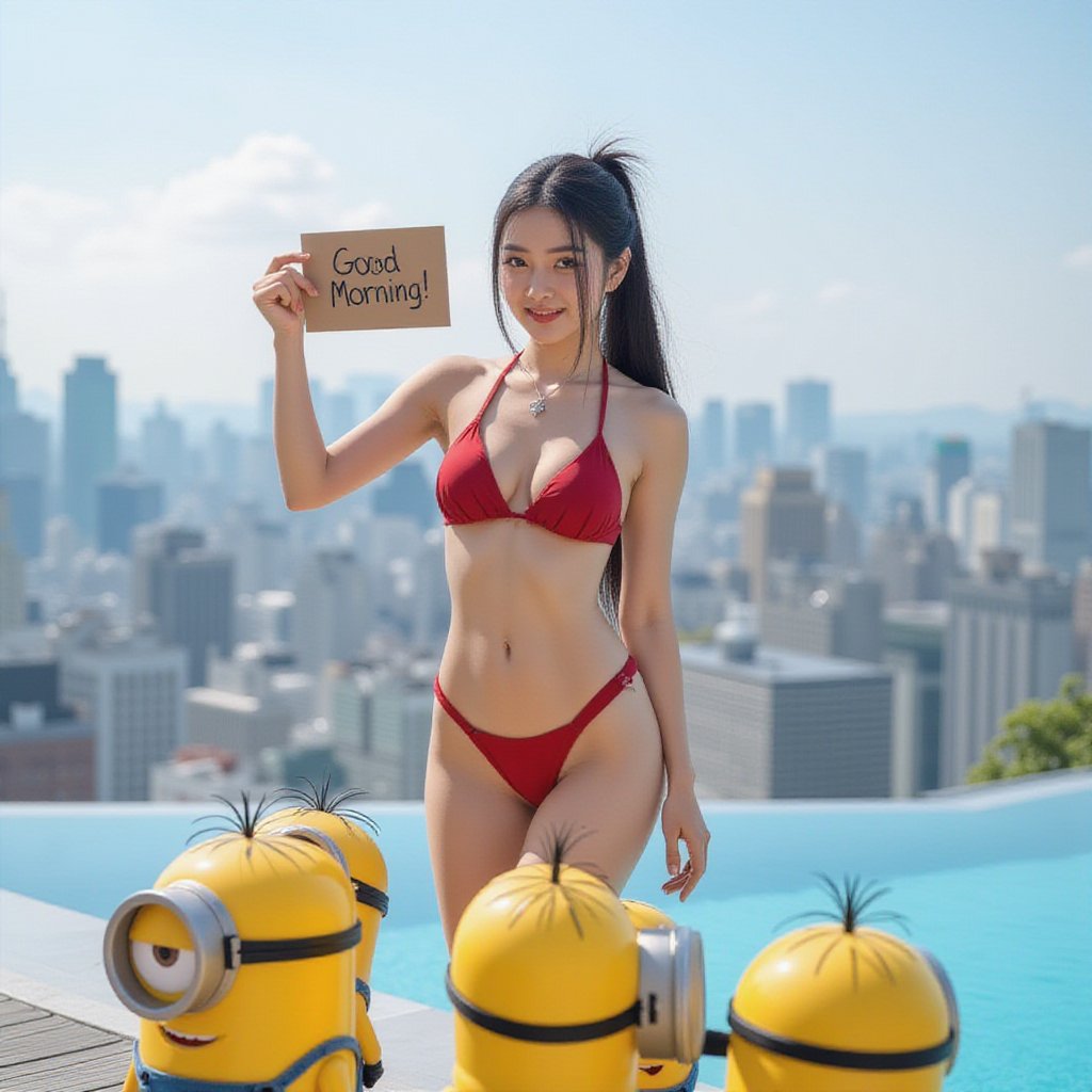 Realistic photo. Asian girls wearing red bikini at the infinity pool in Tokyo.  She Holding uparm and holding a sign “Good Morning!”. Minions surround her.