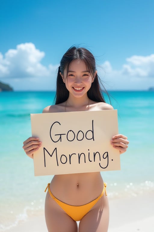 Asian girls wearing bikini at the beach in Okinawa. She swims under the sea with big smile. Holding a sign “Good Morning”