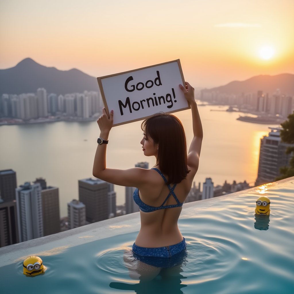 Realistic photo. Asian girls wearing blue bikini at the infinity pool in Hong Kong.  She Holding uparm and holding a sign “Good Morning!”. Minions surround her. Sunset