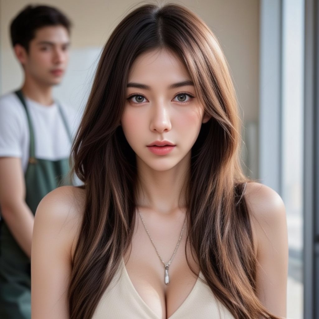 a close-up shot of a young Asian woman with long, wavy brown hair and dark eyes, is positioned in a seductive pose. She is wearing a silver necklace with a pendant, adorned with a silver charm, adding a touch of charm to her outfit. The backdrop is blurred, revealing a man in a white t-shirt and a green apron. The man's arm is positioned behind her, adding to the overall composition.