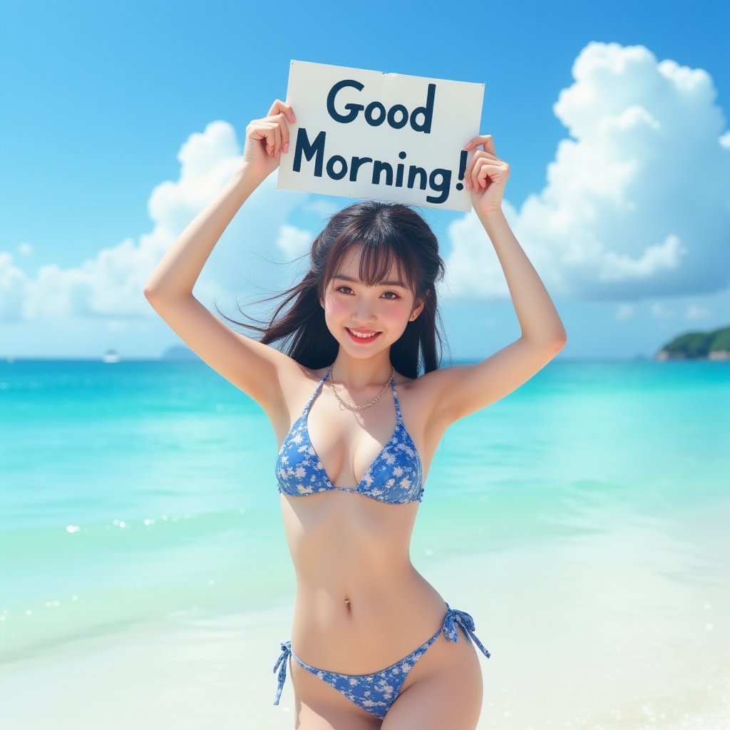 Asian girls wearing bikini at the beach in Okinawa. She swims under the sea with big smile. Holding uparm and holding a sign “Good Morning!”