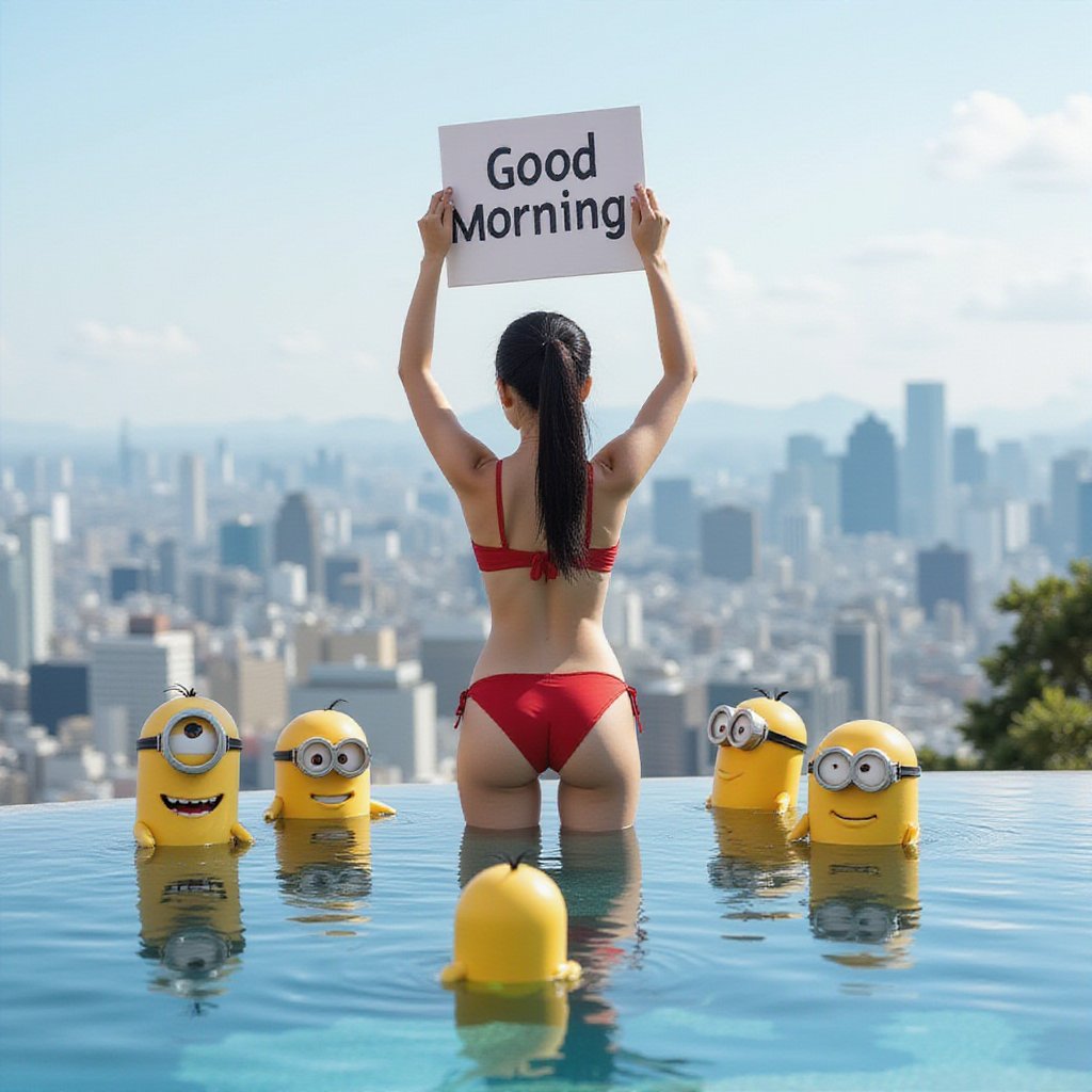 Realistic photo. Asian girls wearing red bikini at the infinity pool in Tokyo.  She Holding uparm and holding a sign “Good Morning!”. Minions surround her.