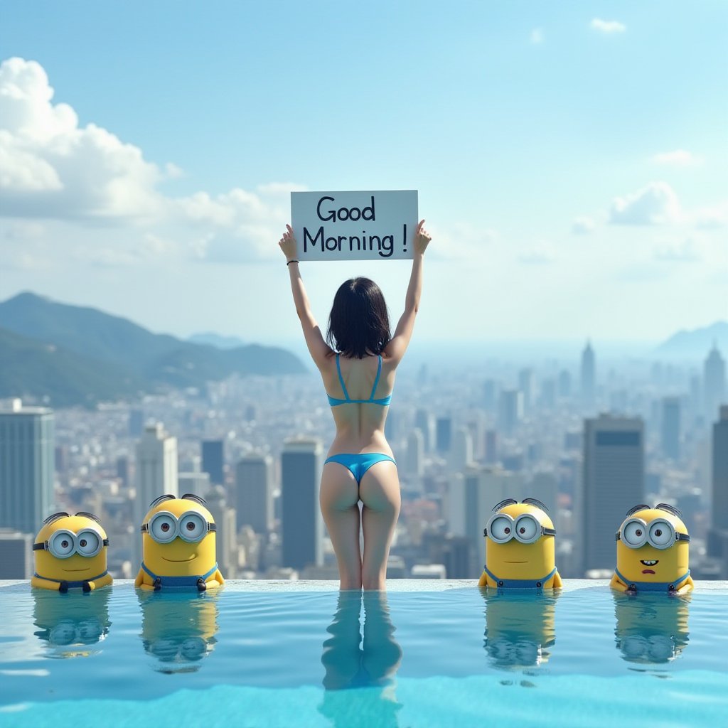 Realistic photo. Asian girls wearing blue bikini at the infinity pool in Tokyo.  She Holding uparm and holding a sign “Good Morning!”. Minions surround her. Doraemon surround her.