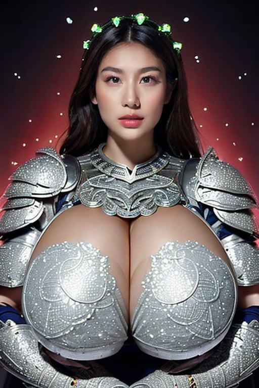 (goddess,venus,iron woman),busty,(Intricate luminous armor design:1.2),white plasma electromagnetic shield,crystal and silver entanglement,Star flash,(Persian Paisley clothes),glowing forehead