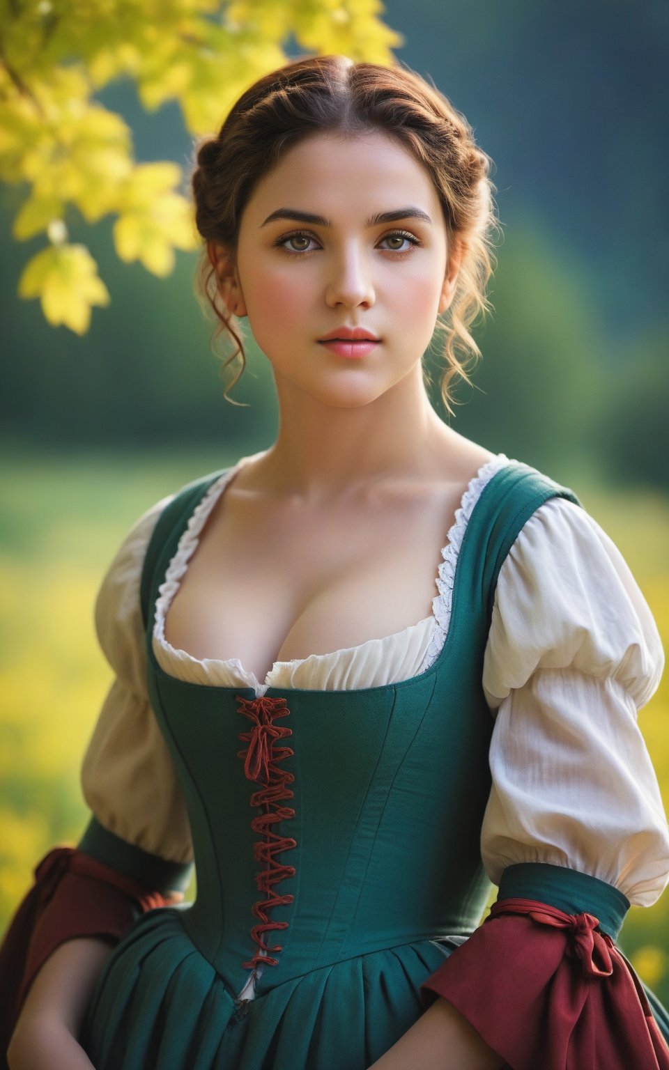 A shepherdess, in the style of the Renaissance, exuding elegance amidst pastoral beauty. (masterpiece, top quality, best quality, official art, beautiful and aesthetic:1.2), (1girl:1.4), portrait, extreme detailed, highest detailed, simple background, 16k, high resolution, perfect dynamic composition, bokeh, (sharp focus:1.2), super wide angle, high angle, high color contrast, medium shot, depth of field, blurry background,impressionist painting