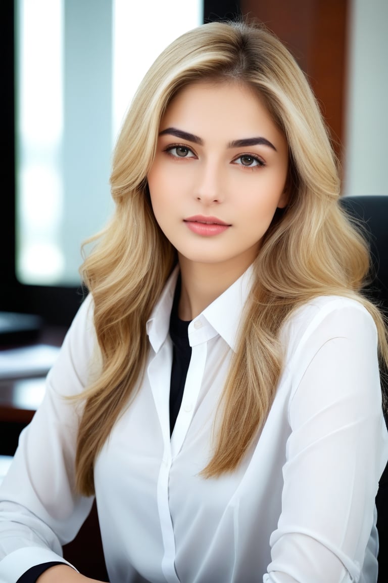 a digital portrait of a naturally beautiful young girl, 25 years blonde with a complexion reminiscent of pure porcelain, fullly matured. sitting on office desk in meeting
, full size photo, 
,Pakistani Model