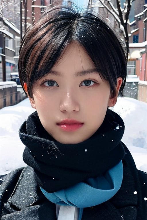 (((perfect pixels, perfect details))), alone, 1 boy, short hair, white hair, hair on one side, spiky hair, pixie cut light blue eyes, black scarf, blue and black jacket, black pants, in a city snowfall,nodf_lora,blue eyes