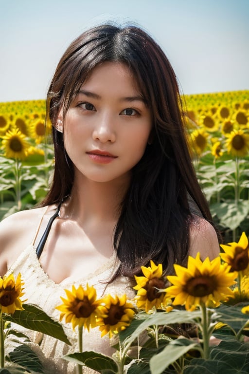  A beautiful woman. Sunflower field. Best Quality, Crazy Details and Sharp Focus, Masterpiece, Professional, Award Winning, Fine Detail, High Detail, UHD, 64k, Soft Look