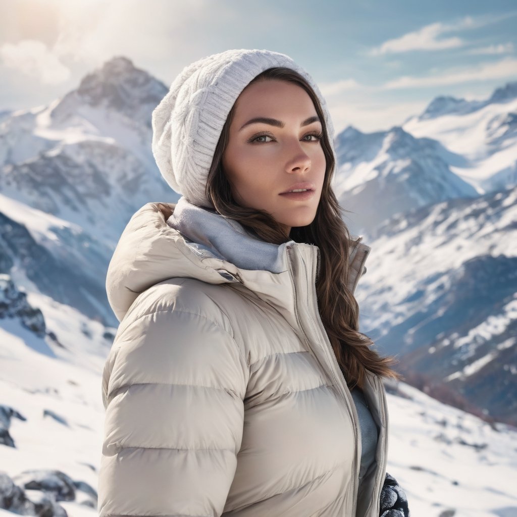 Generate hyper realistic image of a woman on a snowy mountain peak, her upper body covered in warm winter layers. The pose captures the majestic beauty of a snow-covered landscape, highlighting her resilience against the cold.