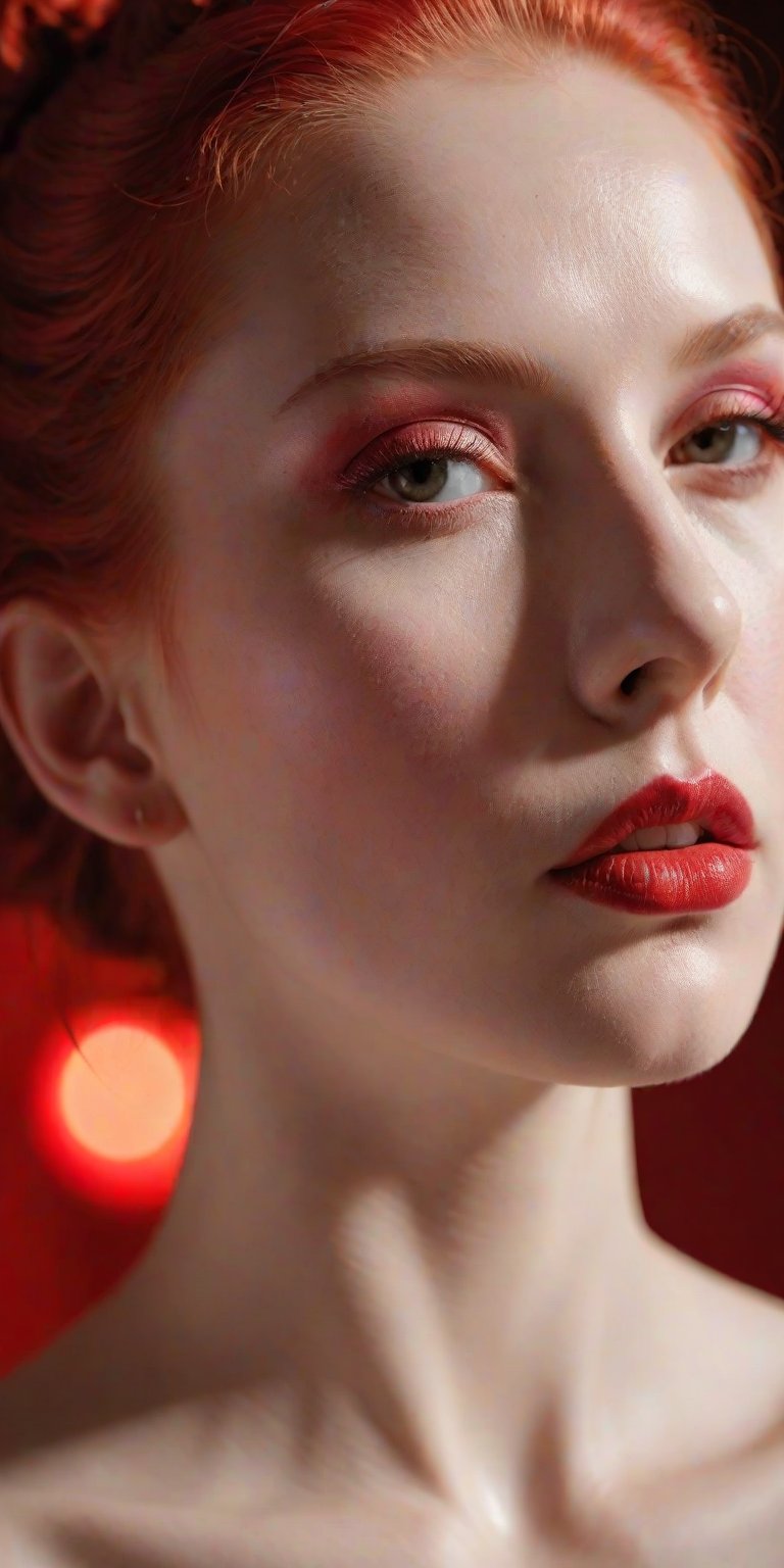 sculpture portrait of an woman white porcelain skin pierced with red Intricate details, very realistic cinematic lighting, volumetric lighting, photographic, no blur, bokeh, defocus, degree sharpness ,porcellana style