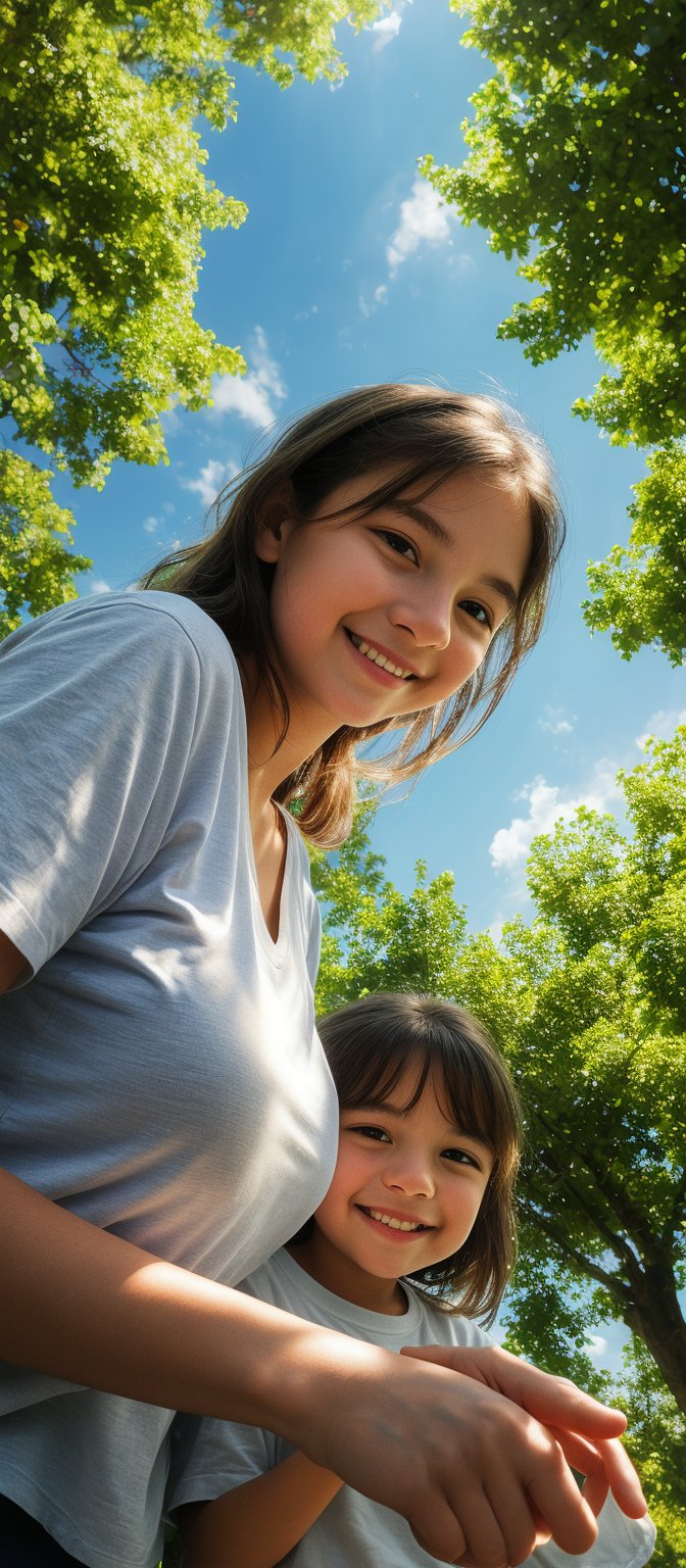 Masterpiece, top quality, high definition, artistic composition, 1 girl, upper body, composition from below, smiling, cotton shirt, looking at me, blue sky, sunlight through trees, casual, portrait, warm, reaching out