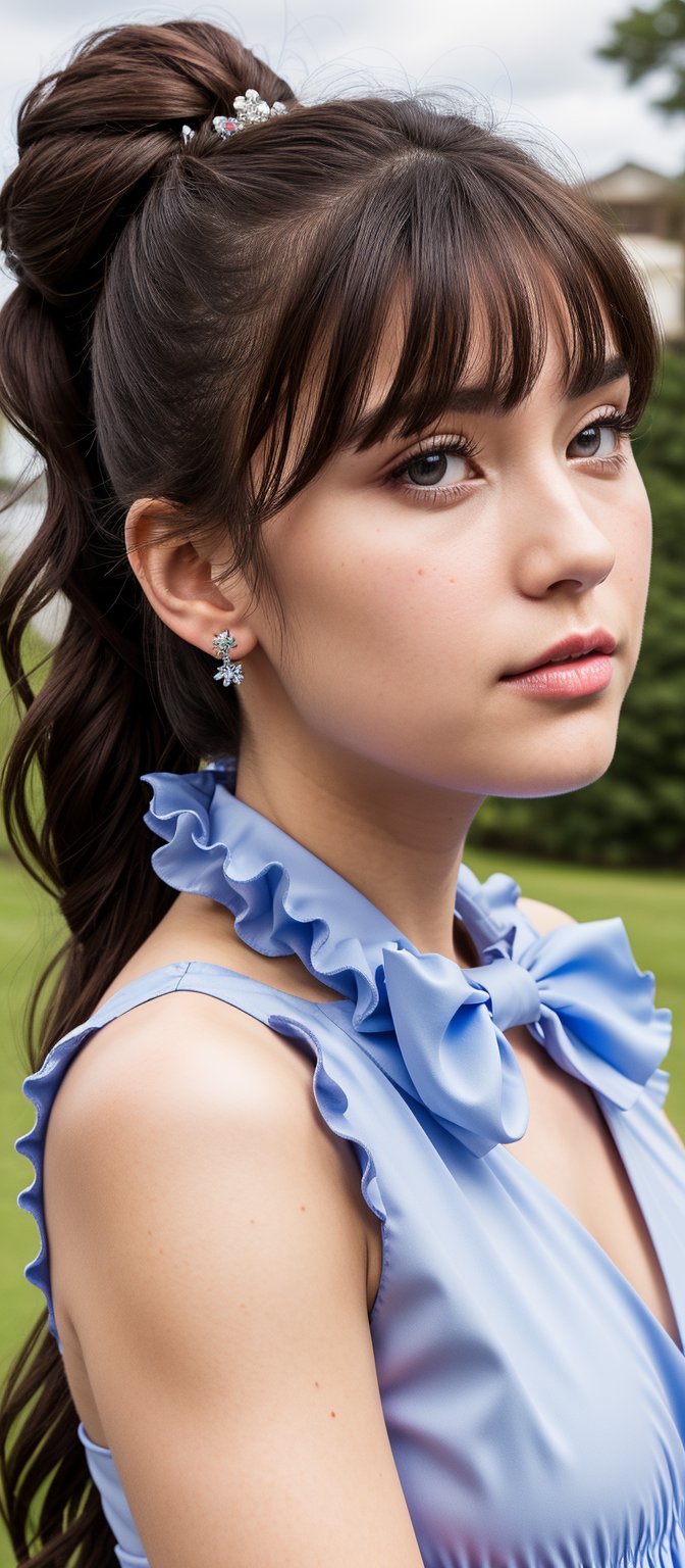 1girl, solo, long hair, looking at viewer, blush, blue eyes, brown hair, hair ornament, dress, bow, jewelry, closed mouth, purple eyes, upper body, ponytail, braid, flower, earrings, outdoors, frills, sky, choker, puffy sleeves, artist name, bowtie, parted bangs, window, black bow, night, watermark, brooch, gem, lamppost