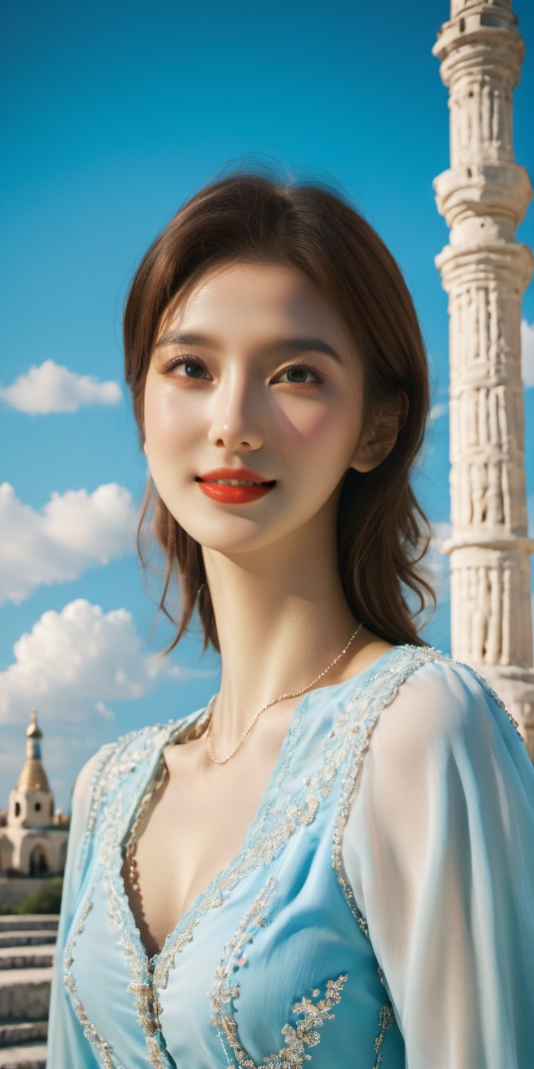 Byzantine girl with blue sky and white clouds background, sexy outfit, upper body, front view, (Masterpiece, Top Quality, Top Image Quality, Official Art, Aesthetic and Beautiful:1.2), (1girl:1.4), white beautiful skin, smiling face, portrait, extreme color, highest definition, simple background, 16K, high resolution Perfect Dynamic Composition, Bokeh, (Sharp Focus:1.2), Ultra Wide Angle, High Angle, High Color Contrast, Medium Shot, Depth of Field, Background Blur,,itacstl