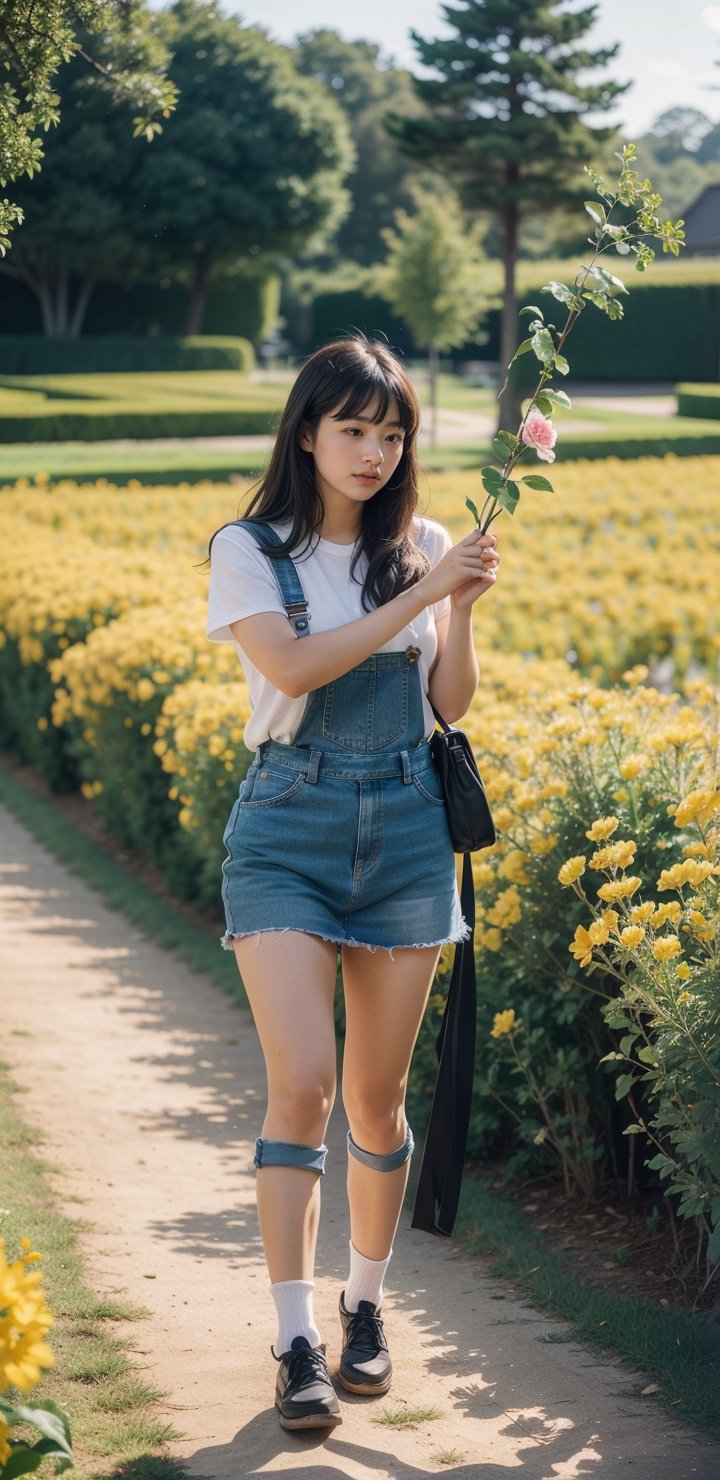 background is flower field,grass field,horizon,wind blowing,petals blowing,16 yo, 1 girl, beautiful girl,smile,
wearing denim overalls skirt,long socks,standing on flower field,holding buquet, cowboy shot,very_long_hair, hair past hip, bangs, curly hair, realhands, masterpiece, Best Quality, 16k, photorealistic, ultra-detailed, finely detailed, high resolution, perfect dynamic composition, beautiful detailed eyes, ((nervous and embarrassed)), sharp-focus, full body shot,pink flower,flower