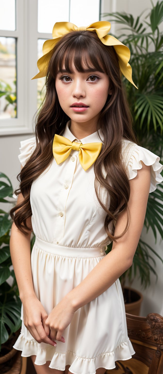 1girl, solo, long hair, looking at viewer, bangs, brown hair, shirt, hair ornament, dress, bow, holding, brown eyes, upper body, flower, frills, parted lips, indoors, bowtie, lips, book, plant, white flower, yellow bow