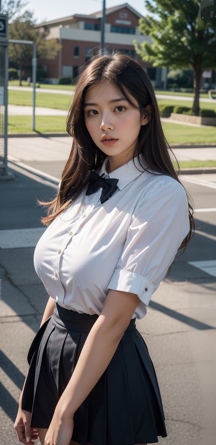 high school student,girl,school uniform(laced blouse and suit),at school gate,Best Quality, 32k, photorealistic, ultra-detailed, finely detailed, high resolution, perfect dynamic composition, beautiful detailed eyes, sharp-focus, cowboy_shot, 