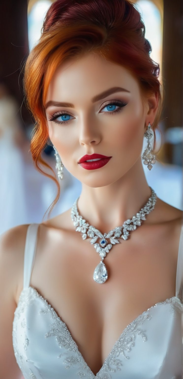 European woman, 30 years old, red hair, blue eyes, necklace, bracelet, getting married, in a low-cut wedding dress, waiting for the groom among the guests in the wedding hall. earrings, UHD resolution, detailed details, wide angle shot. The provocative look, the wet lips, the look of eager desire,