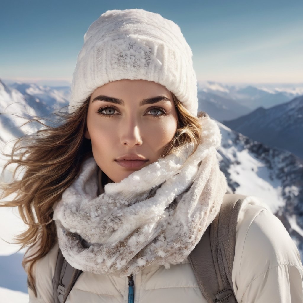 Generate hyper realistic image of a woman on a snowy mountain peak, her upper body covered in warm winter layers. The pose captures the majestic beauty of a snow-covered landscape, highlighting her resilience against the cold.