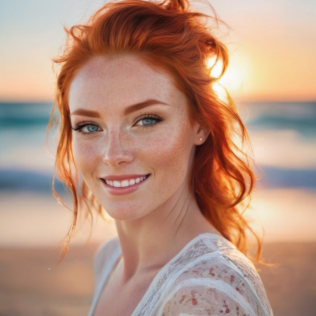 Generate hyper realistic image of a woman with striking red hair up close, smiling with the backdrop of a beach at sunset. The warm hues of the evening sun emphasize her blue eyes and the subtle freckles on her glowing skin.