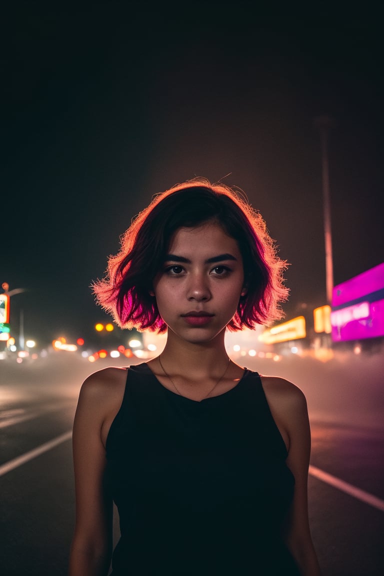 city street, neon, fog, volumetric, closeup portrait photo of young woman in dark clothes, 
