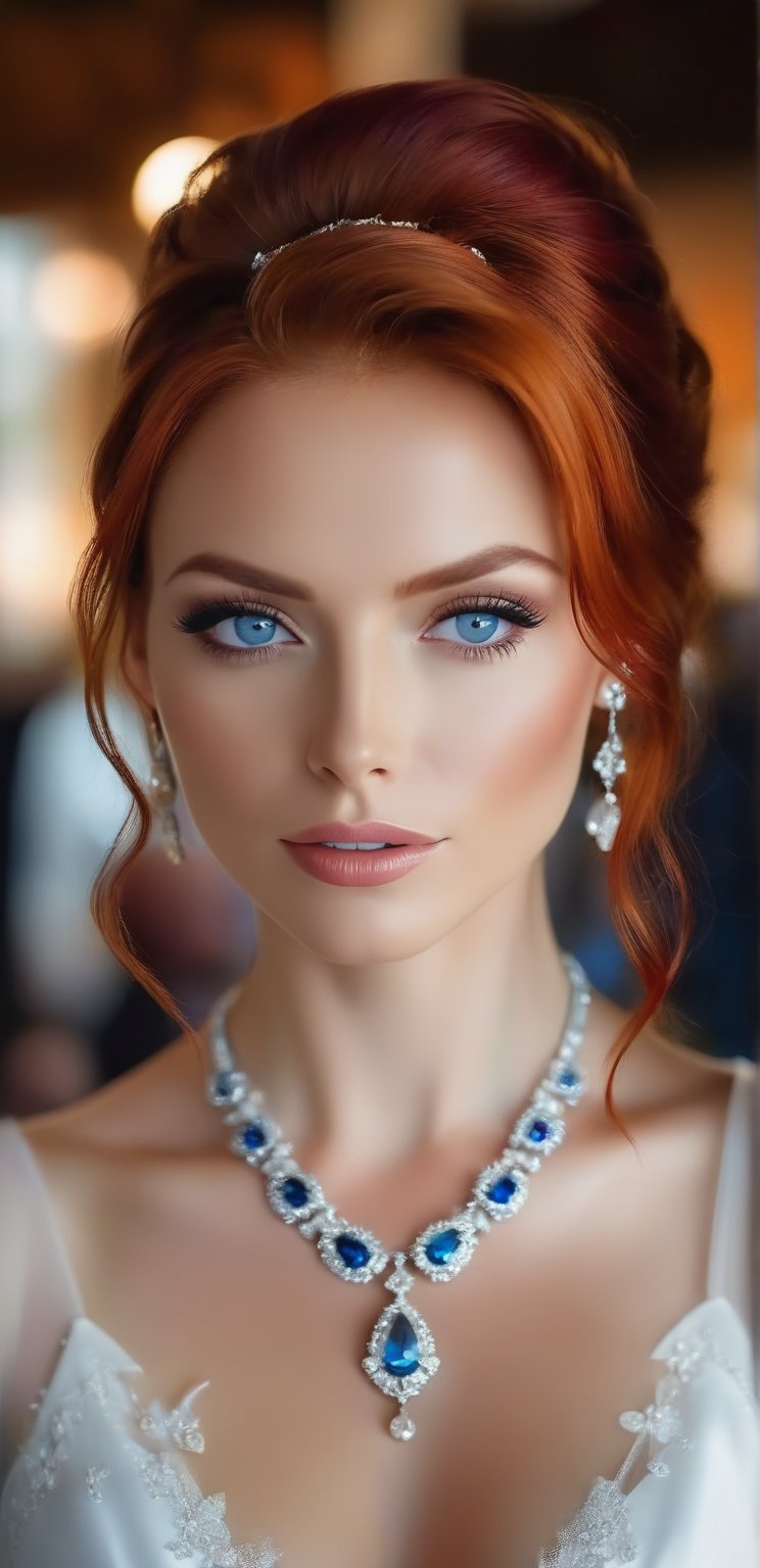 European woman, 30 years old, red hair, blue eyes, necklace, bracelet, getting married, in a low-cut wedding dress, waiting for the groom among the guests in the wedding hall. earrings, UHD resolution, detailed details, wide angle shot. The provocative look, the wet lips, the look of eager desire,