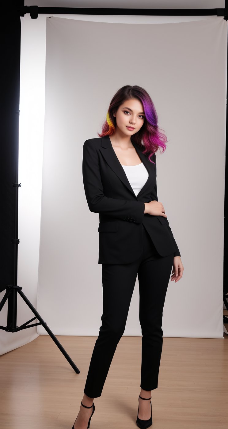 a beautiful girl wearing a black suit and giving a good pose and lighting background in studio and an ai inlfuencer and a colorful hair and pretty face and eyes pretty differnet pose