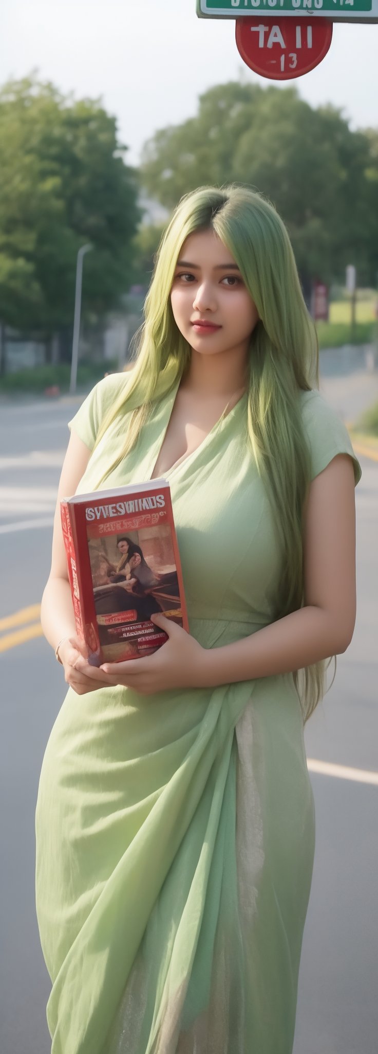 lovely  cute  young  attractive  indian  teenage  girl  in  a  pretty foreign dress,  23  years  old  ,  cute  ,  an  Instagram  model  ,  long  yellow-green_hair  ,  winter  ,  on the road  .  , books in hands „  Indian 