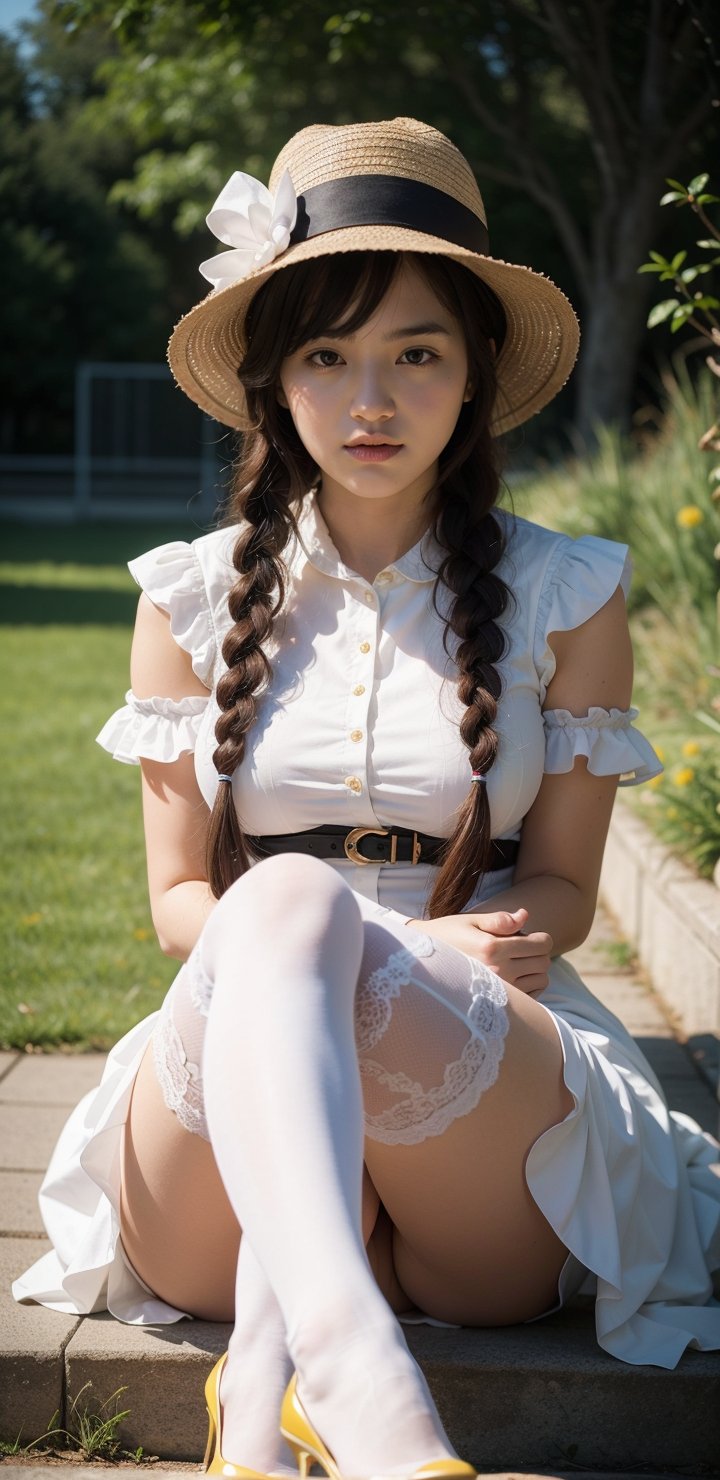 masterpiece, best quality, 1girl, lupusregina, red hair, long hair, twin braids, yellow eyes, (glowing eyes:0.5),  dress, hat, maid, white thighhighs, garter belt, high Heels, sitting_on_knees
, smile, looking at viewer, fullbody, outdoors, natural lighting, upusregina,lupusregina