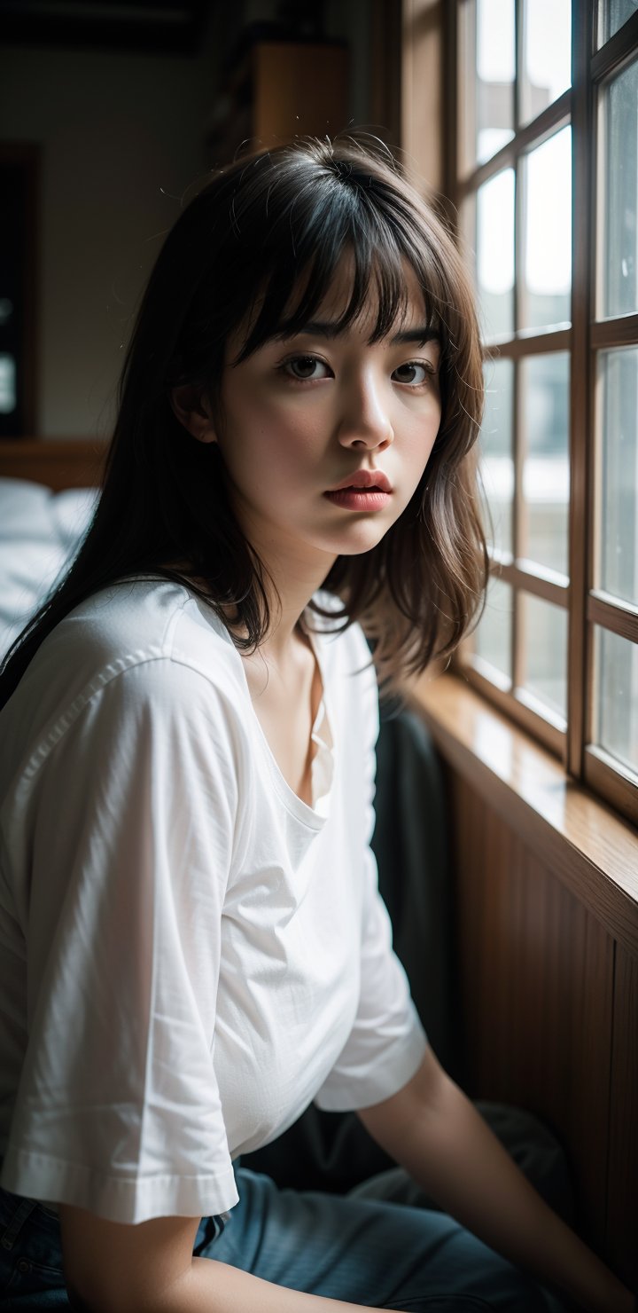 a young woman,looking at the camera,posing,ulzzang,naver fanpop,ffffound,streaming on twitch,character album cover,blues moment,style of Alessio Albi,daily wear,moody lighting,appropriate comparison of cold and warm,reality,