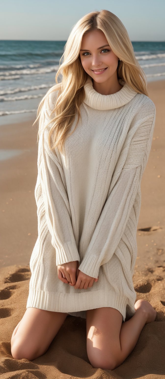 Generate hyper realistic image of a young woman with long, straight, and blonde, cascading softly around her face and shoulders. Her eyes is bright blue and expressive. She is wearing a cozy, oversized white sweater dress. She is sitting on the sand, leaning slightly forward with one hand resting under her chin and the other on her knee. She has a warm and gentle smile., 