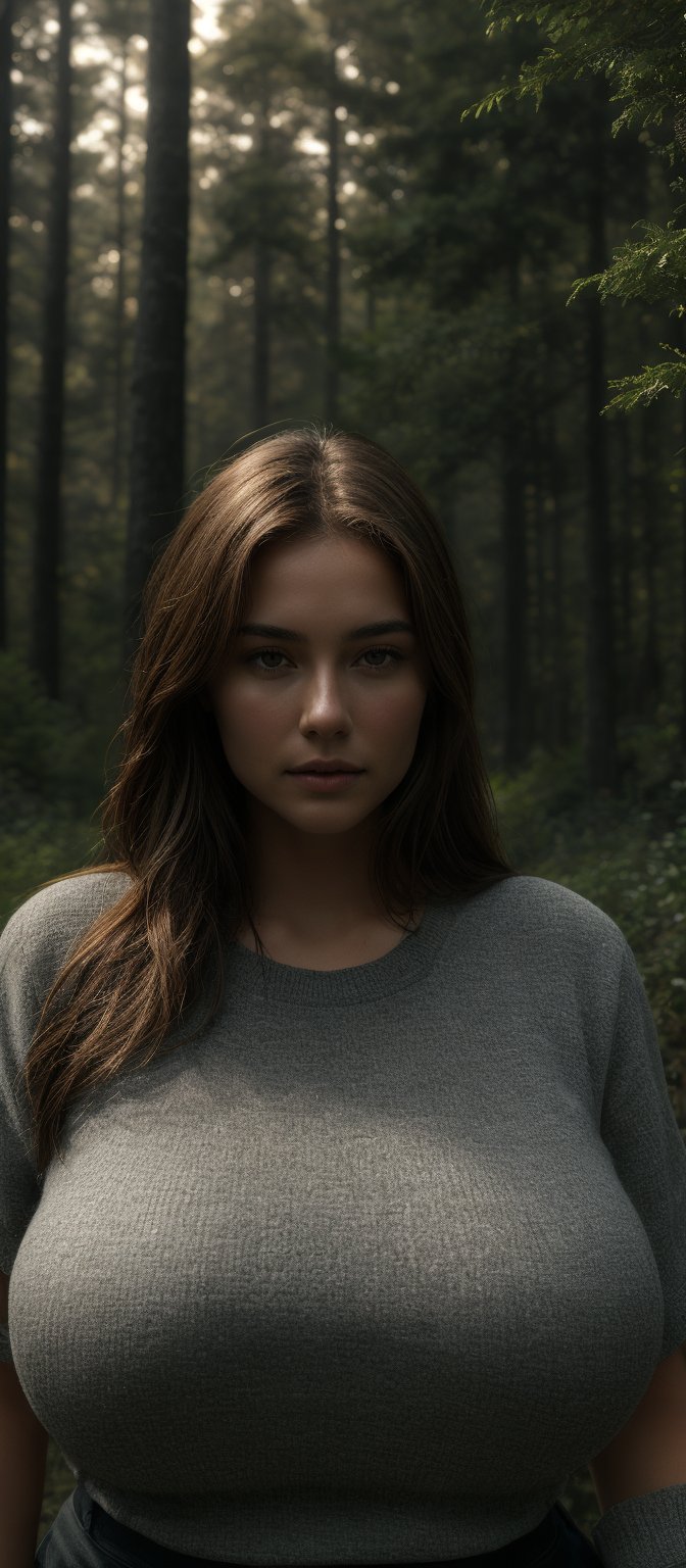 close up full portrait of woman, brown hair, forest background, realist, best detailed, details, realist skin, skin detailed, natural skin texture, 24mm, 4k textures, soft cinematic light, RAW photo, photorealism, photorealistic, intricate, elegant, highly detailed, sharp focus, ((((cinematic look)))), soothing tones, insane details, intricate details, hyper detailed,1girl