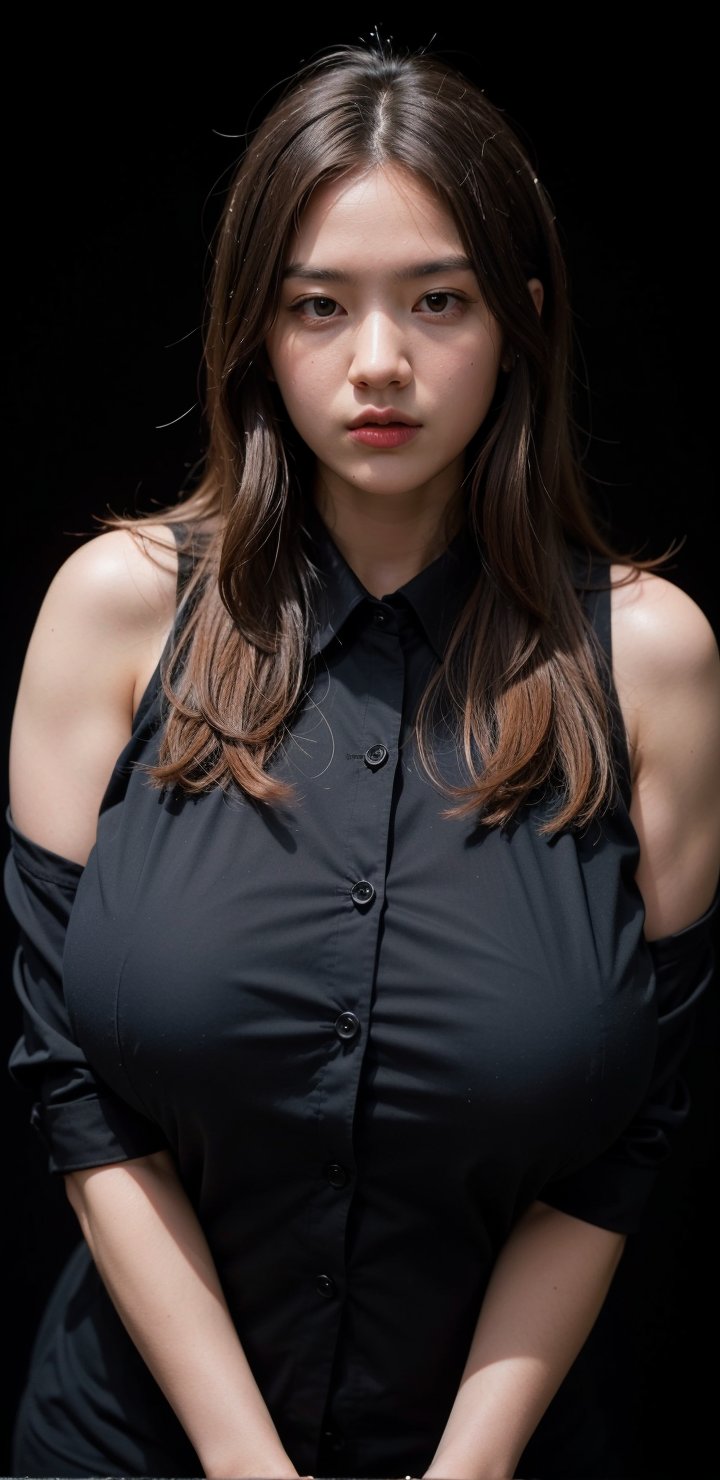 4k,best quality,masterpiece,20yo 1girl,(black suit and pants, alluring smile, head ornaments 

(Beautiful and detailed eyes),
Detailed face, detailed eyes, double eyelids ,thin face, real hands, muscular fit body, semi visible abs, ((short hair with long locks:1.2)), black hair, black background,


real person, color splash style photo,
