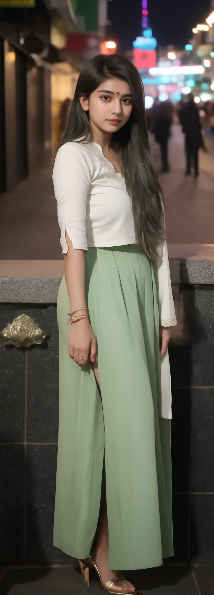 beautiful cute young attractive Indian teenage girl, City girl, 20 years old, cute, Instagram model, long brown_hair, colorful hair, warm, dacing, in city night ,1girl,pov,photorealistic, Indian Woman, tradition , Indian, Indian tradition,Woman ,Indian , white  pant
((green hairs))