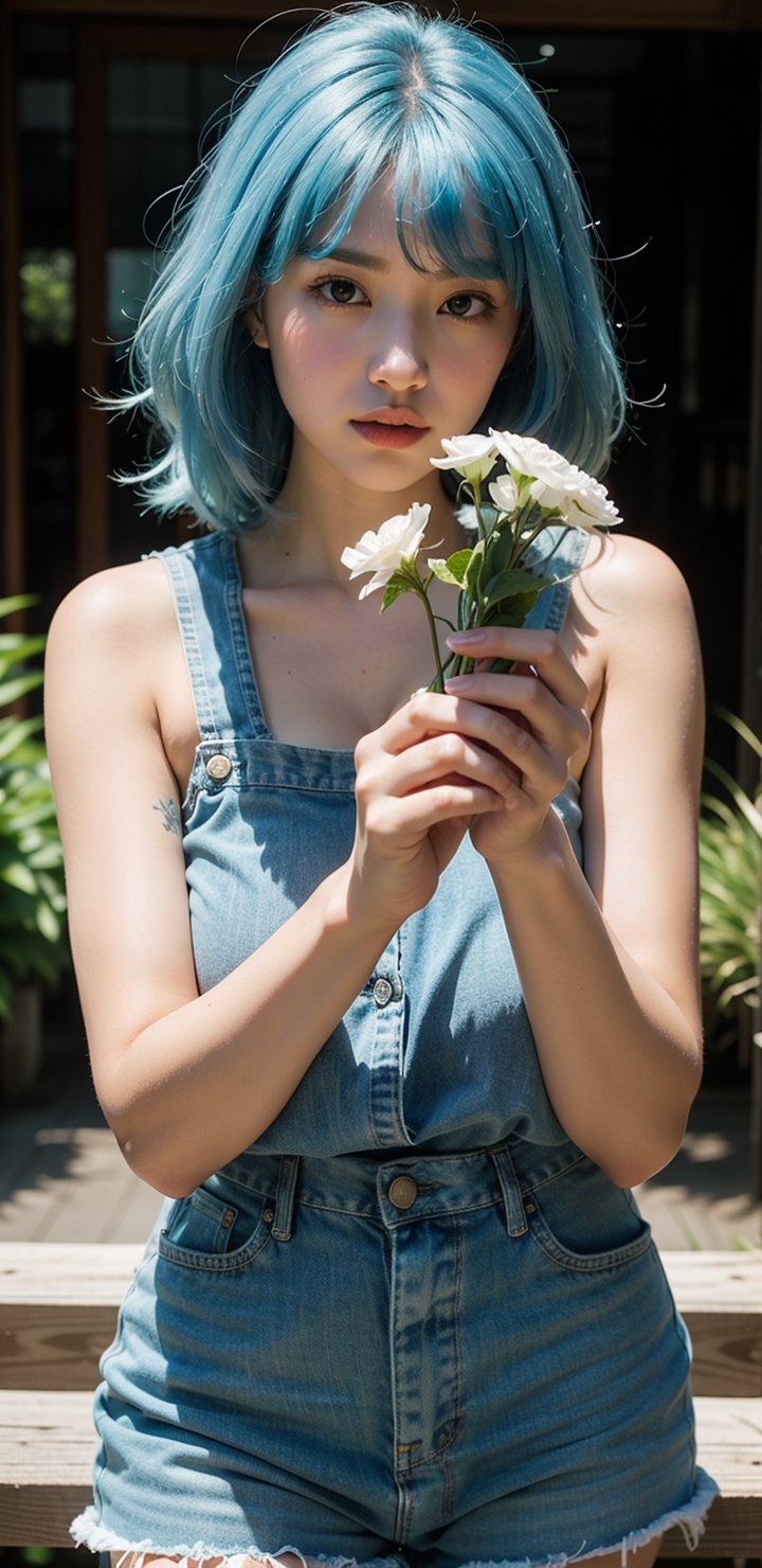 Beautiful girl holding flower village 
((Blue hairs))