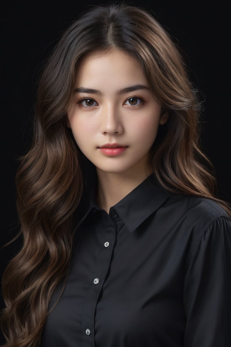 masterpiece, best quality, ultra-detailed, ultra high res, (photorealistic:1.4), raw photo, (realistic:0.2), 8k HDR, realistic lighting, 1girl, solo, looking at viewer, long wavy hair, (detailed oily skin), black eyes, (detailed face), (simple black background:1.1), (upper body:1.2), collared black shirt