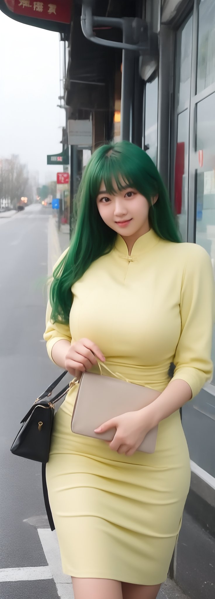 lovely  cute  young  attractive  Chinese  teenage  girl  in  a  pretty foreign dress,  23  years  old  ,  cute  ,  an  Instagram  model  ,  long  yellow-green_hair  ,  winter  ,  on the road  .  , bag in hands „  Chinese 