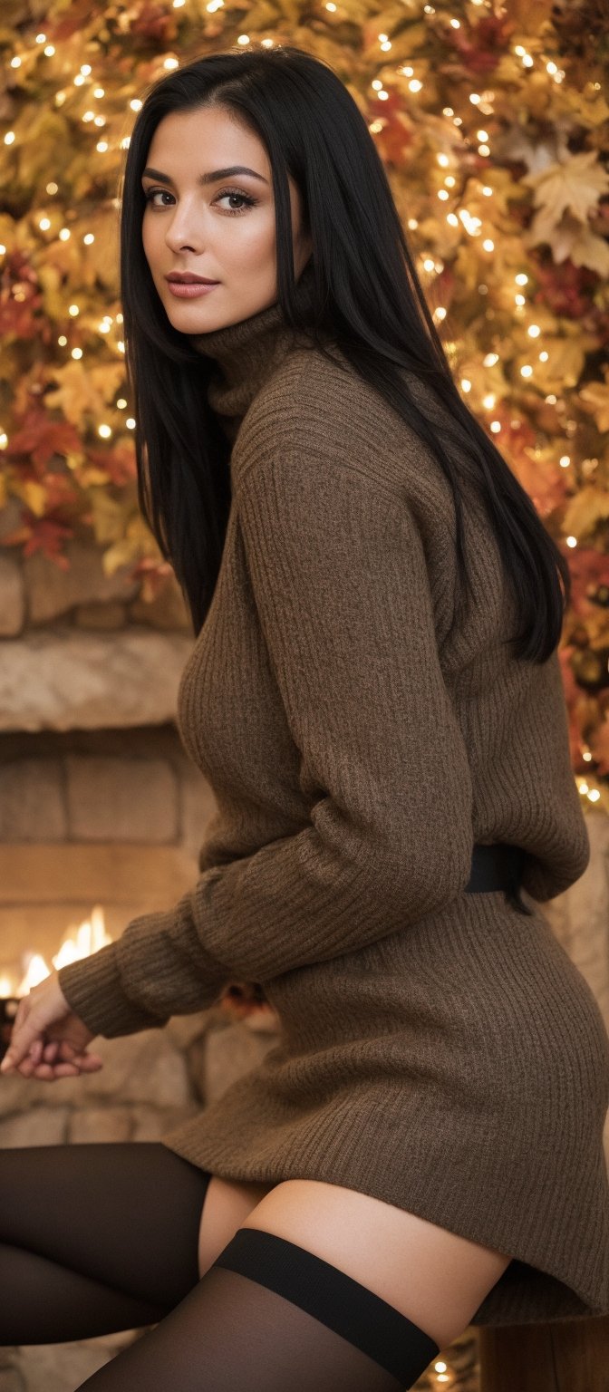 Generate hyper realistic image of a woman with long, straight, black hair that flows smoothly down. She is dressed in a stylish autumn ensemble. She wears a fitted, ribbed, red turtleneck sweater that accentuates her curves, a high-waisted, brown plaid skirt with a slim belt at the waist and thigh-high stockings. She stands gracefully with a slight tilt of her head. Her hands are relaxed by her sides, and she looks directly at the viewer with large, expressive eyes. The background is a cozy indoor setting during the autnum season with a warm fireplace.