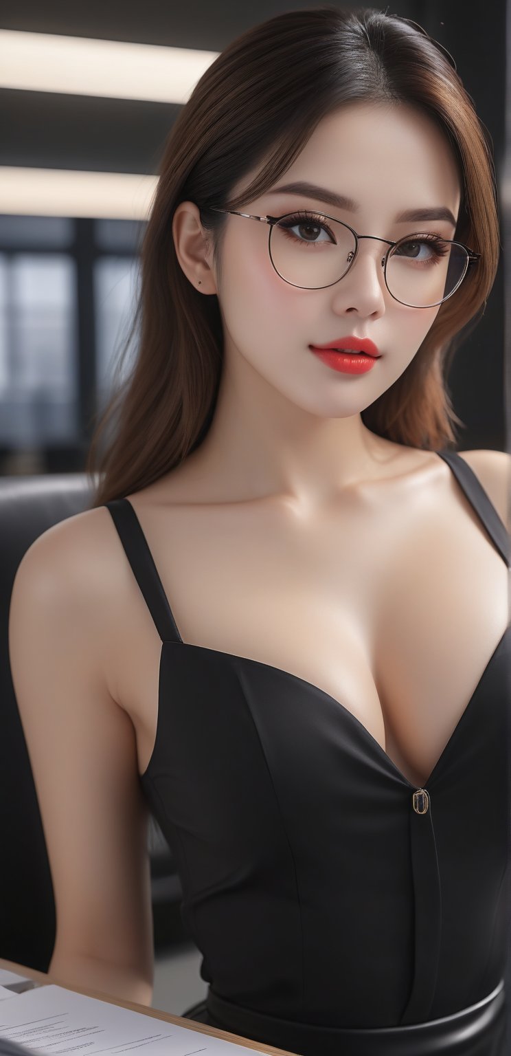 8k ultra realistic image, full length perspective wide angle detail. in the study room, next to the office desk, files, office supplies such as pc and printer. ((((a secretary woman))) the body of a gorgeous woman with wet lips, open mouth, glasses, low-cut breasts, mini skirt, plump body, looking as if she is ready to make love. She has a very sexy appearance, sex-seeking eyes and body attitude (in the office photo of a 28-year-old girl, ultra quality (natural skin texture), mysterious look, (black hair), dried lips, (((slightly freckled face))), (dark shot), (very high contrast), dramatic shadows, professional makeup, perfect composition, (high quality), (ultra detail), (high resolution), (masterpiece), (intricate and beautiful), (extraordinarily beautiful), (fine detail, beautiful hazel eyes and detailed face), (hyperrealism) photorealistic, hyperrealistic, high definition, cinematic, UHD, HDR, 8k, highly detailed)