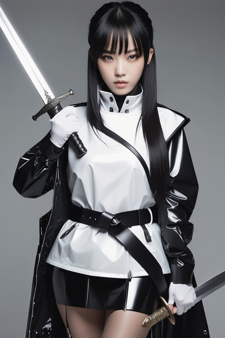 white marble background with reflections, woman holding a sword with her right hand, the sword passes behind the woman, left hand extended with the palm open, she is wearing a latex raincoat, half white, half black, cinched with a black and white belt, latex stockings up to mid-thigh, skirt opening, trench coat with short sleeves and wearing apretados latex gloves all over her arm. straight hairstyle black hair with bangs, , , , , ,xuer ai yazawa style girl,techwear jacket,black gloves,tactical ve,Samurai girl, , , ( lighting, dim lighting:1.2), simple background, LIGHT background, ,jisoo, , , 
