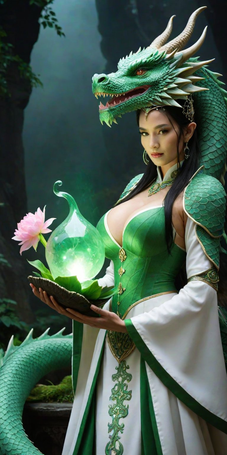 A serene scene where a woman, adorned in a traditional green and white dress, stands gracefully beside a majestic green dragon. The woman wears an ornate headpiece and holds a delicate object in her hand. The dragon, with its intricate scales and fierce yet calm expression, wraps around her, creating a protective and harmonious bond between them. The backdrop is dark, with subtle lighting highlighting the dragon and the woman, and there are floating pink flowers adding to the ethereal atmosphere.,xxmixgirl