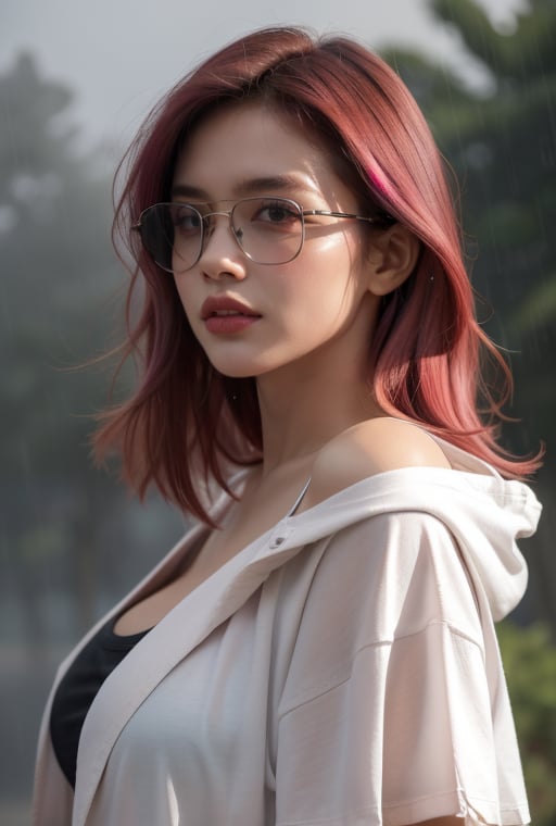 realistic photo,1girl,close_up,(red and pink multicolored hair)),(hair over one eye,red and pink long hair),((hair over one eye)),Best Quality, 32k, photorealistic, ultra-detailed, finely detailed, high resolution, perfect dynamic composition, beautiful detailed eyes, sharp-focus,tan,(looking at viewer), looking_at_viewer, front_view,(((dark skin))), dark skin,tan,(thunder),(stormy weather),(rain),((foggy)),(white raincoat),off shoulder,(wearing sunglasses),(lightning),(fog),(rain drop),(black low-cut T-shirt),((black low-cut T-shirt)),cleavage