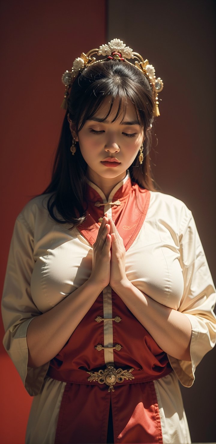 A Chinese ancient beauty is praying, with hands clasped together, eyes closed in silence, wearing a solemn yet beautiful expression, Red Background