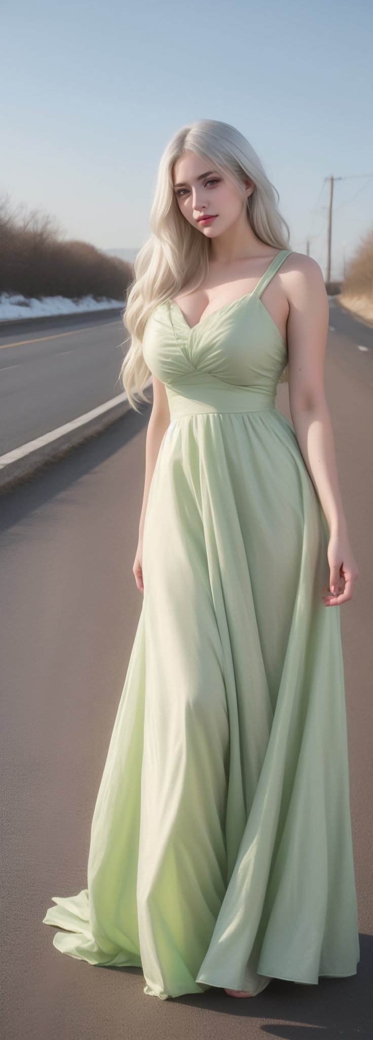 lovely  cute  young  attractive  Europe teenage  girl  in  a  pretty foreign dress,  23  years  old  ,  cute  ,  an  Instagram  model  ,  long  yellow-green_hair  ,  winter  ,  on the road  .  , „ Europe 