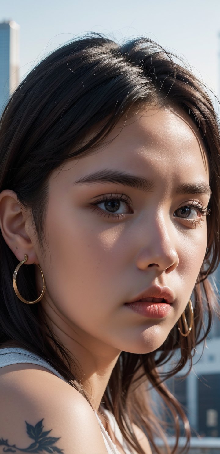 a beautiful young black mixed race girl with a tattoo, oval face, frosty lips, small earrings,intricate high quality details,city background  photorealistic