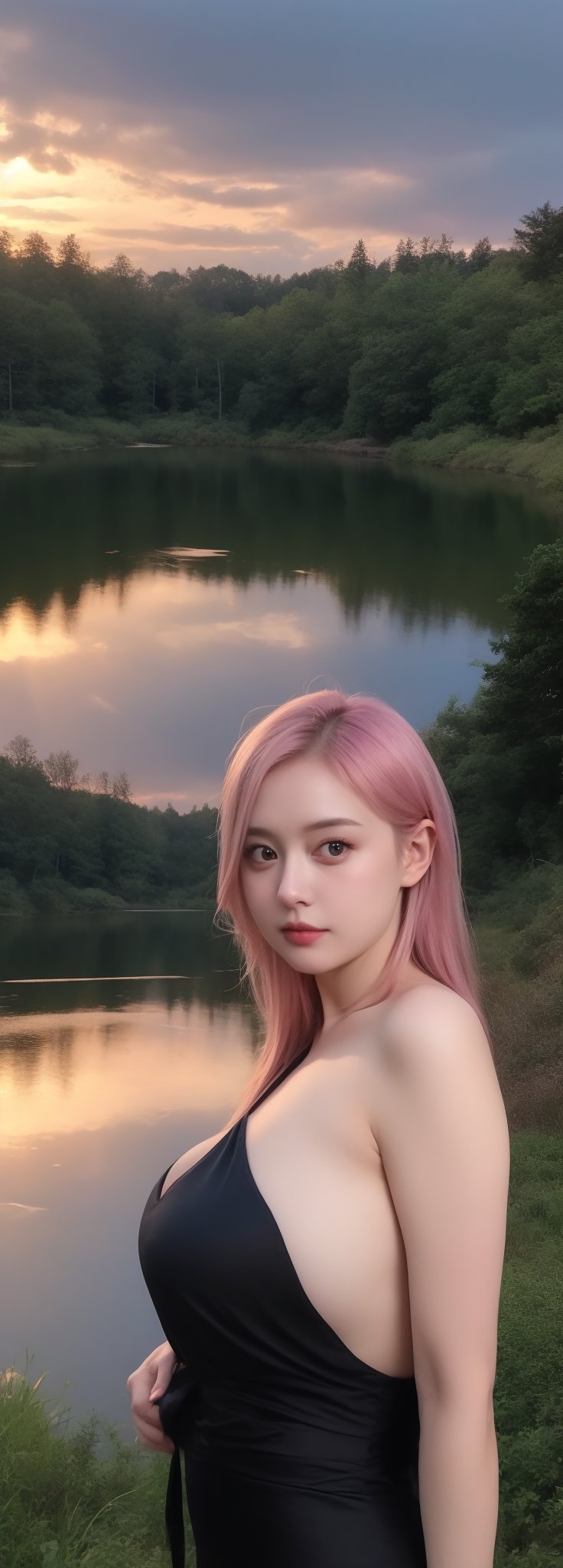 Best work, (Best quality, ,HDR, 8k, 32k, raw photo, photorealistic, UHD:1.2), beautiful 20 year old girl in long black dress at the lakeside in a forest, eyes, pink hair, detailed face, perfect face, pond, dark sky, lights in the background, realism, red sky, detailed sky, realistic clouds, sun, bright environment, late afternoon, sun rays in the clouds,idol,Korean,perfect light,korean,beauty