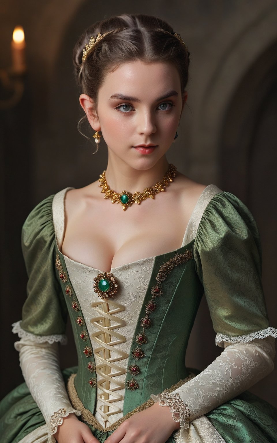 An artistic full-length portrait of an elf girl with pointed, long ears, wearing a 17th century brocade dress with a tight bodice and puff sleeves, her hair tied up high, decorated with jewels and feathers, wearing Wearing a lace cap, curled over the face. Detailed minimalist digital artwork with low-key lighting, ultra-wide, high-angle views