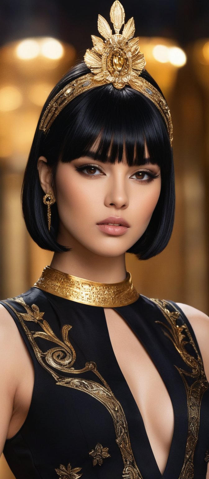 Generate hyper realistic image of a woman with short, straight black hair cut into a bob style with blunt bangs. She is adorned with an elaborate, golden headdress that accentuates her regal bearing. The headdress features intricate designs and extends down to frame her face. She wears a sleek, black, sleeveless top that is adorned with golden accessories. The top has a high neck and is complemented by golden straps and embellishments that cross her chest and waist. The outfit continues with a long, flowing black fabric that is wrapped and tied around her waist. She stands with a stern and intense expression, exuding a sense of authority and command. The background is grand and opulent, featuring golden columns and ambient lighting.